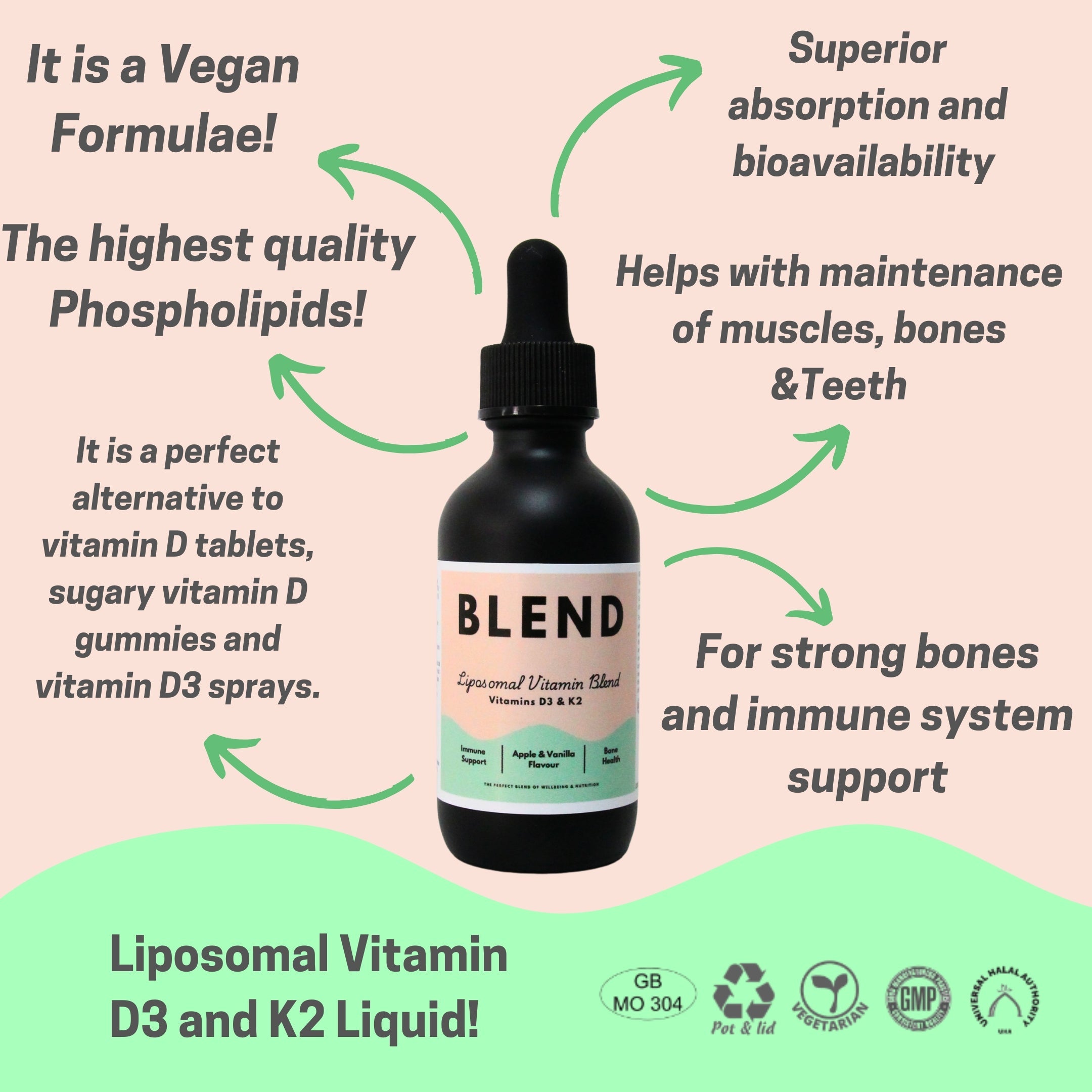 Liposomal Vitamin D3 & K2 Blend Dropper - 600ml (Apple & Vanilla)