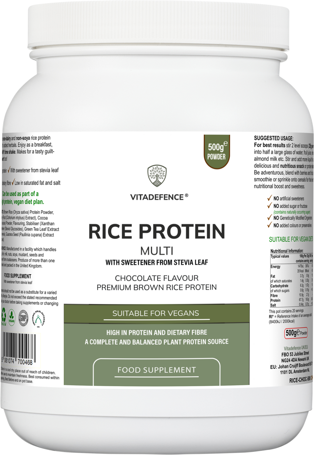 Rice Protein Multi | Chocolate Flavour Powder with Green Tea & Guarana – 500 g