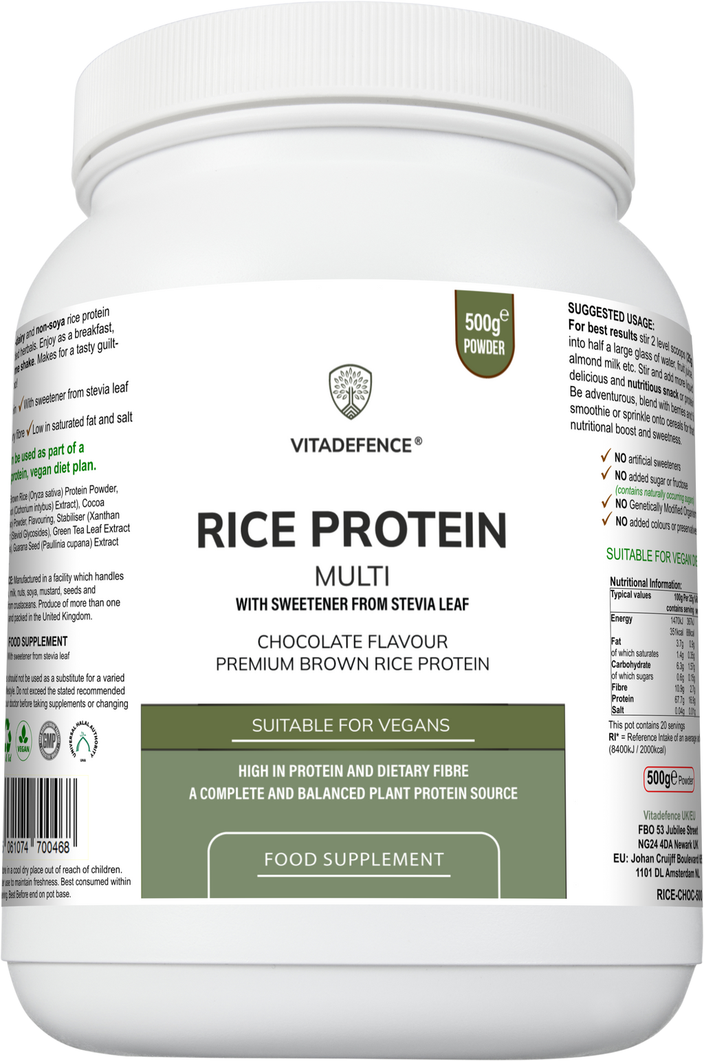 Rice Protein Multi | Chocolate Flavour Powder with Green Tea & Guarana – 500 g
