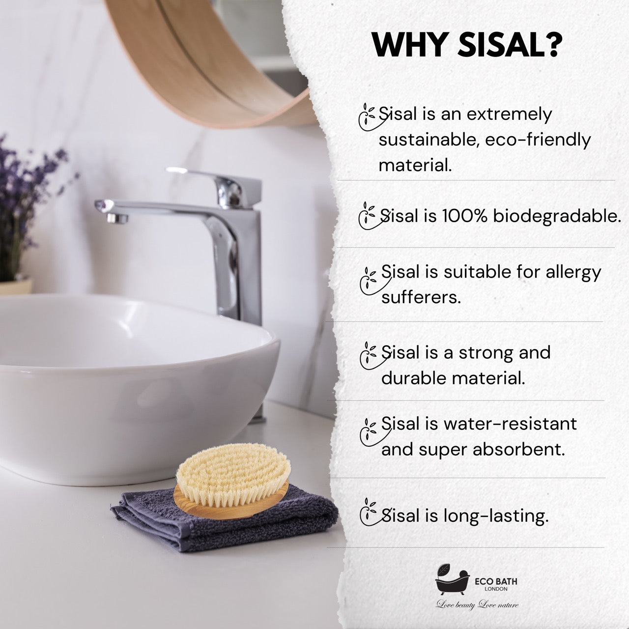 Eco Bath London Natural Sisal Olive Wood Hand Brush - Premium Olive Wood Sisal Hand Brush