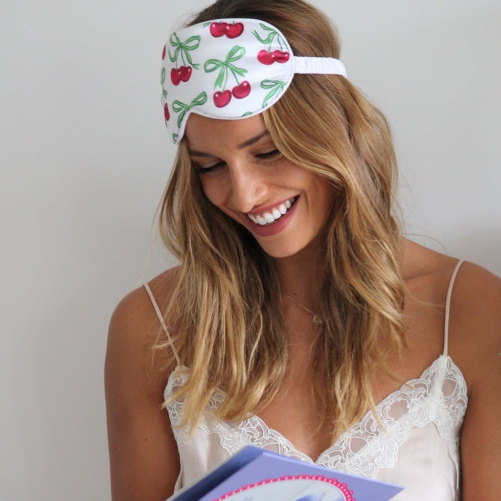Satin Sleep Mask - White Cherries Print